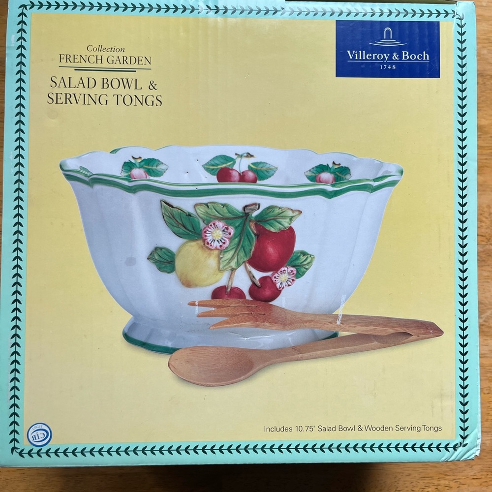 Villeroy and Boch French Garden Salad Bowl and Serving Tongs New in Box NIB